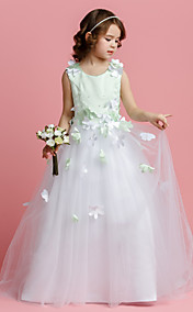 A-line/Princess Jewel Sweep/Brush Train Satin And Tulle Flower Girl Dress (2174403)