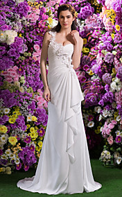 Trumpet/Mermaid One Shoulder Satin Chiffon Court Train Wedding Dress(2310078)