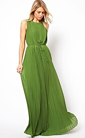 Women's Europe Fashion New Silod Color Sleeveless Chiffon Maxi Dress