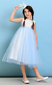 Ball Gown Bateau Tea-length Satin And Tulle Flower Girl Dress (2446874)