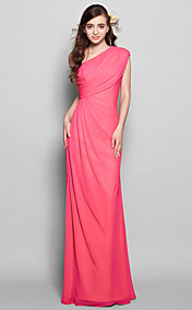 Demoiselle d'honneur - Longueur ras du sol Fourreau - Épaule asymétrique ( Mousseline polyester )