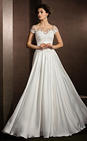 A-line Jewel Floor-length Satin Chiffon Wedding Dress (1483959)