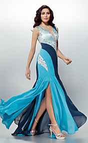 Formal Evening Dress Sheath/Column V-neck Sweep/Brush Train Chiffon Dress