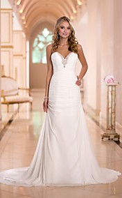 Sheath/Column V-neck Court Train Chiffon Satin Wedding Dress