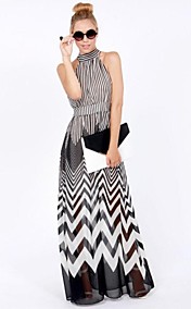 Women's Black & White Stripes Sexy Sleeveless Maxi Dress