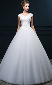 A-line Wedding Dress - White Floor-length V-neck Tulle