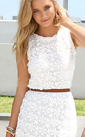 Women's Solid/Lace White Dress, Sheath Mini Round Neck Sleeveless