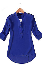 Women's Solid Color V Neck Chiffon Henley Shirt