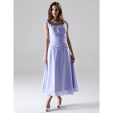 chiffon bridesmaid shoulder length tea line dress