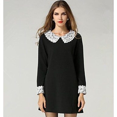 Women's Solid Black Dress , Casual/Lace/Plus Sizes Peter Pan Collar Long Sleeve 2157414 2017 