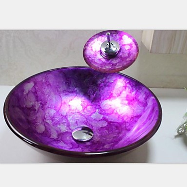 Dark Purple Orchids Tempered Glass Vessel Sink With Chrome Waterfull ...