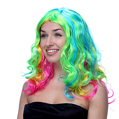 Rainbow Multicolor Blue Green Yellow and Pink Long Wavy Halloween Wig