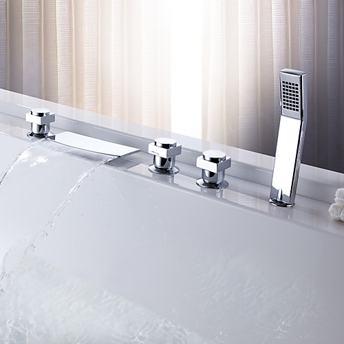 Contemporary with Chrome Three Handles Five Holes , Feature for Waterfall Widespread Pull out
Contemporary with Chrome Three Handles Five Holes , Feature for Waterfall Widespread Pull out