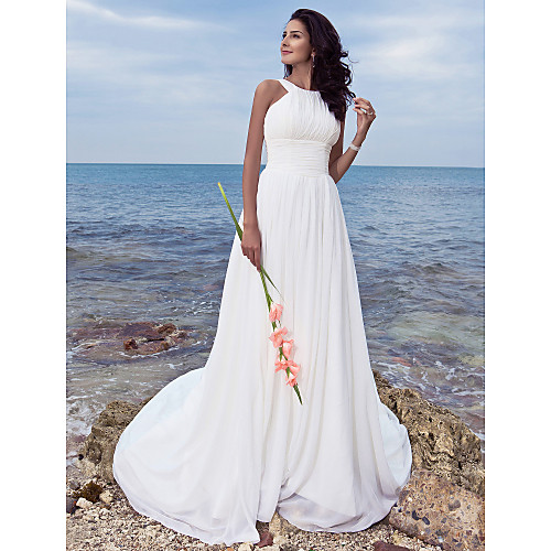 

A-Line Jewel Neck Sweep / Brush Train Chiffon Regular Straps Formal / Beach Plus Size Wedding Dresses with Ruched / Draping 2020
