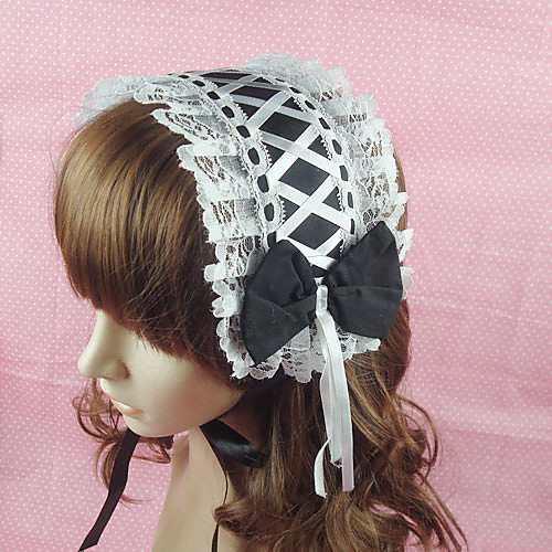 Handmade Черного Хлопок Белый 34см Maid Cosplay Лолита оголовьем