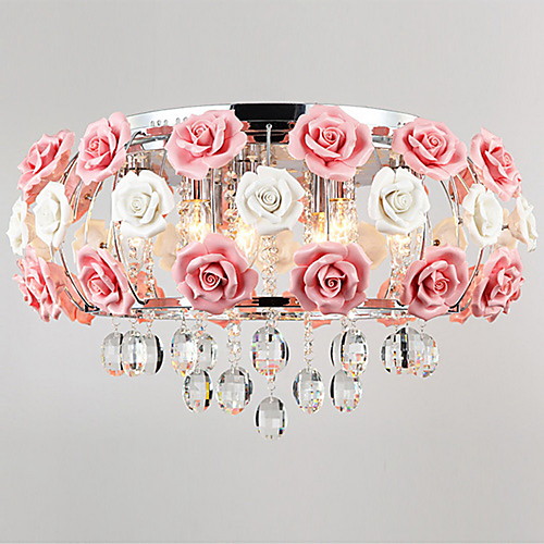 Современная хрустальная люстра на 5 ламп с розовыми и белыми розами