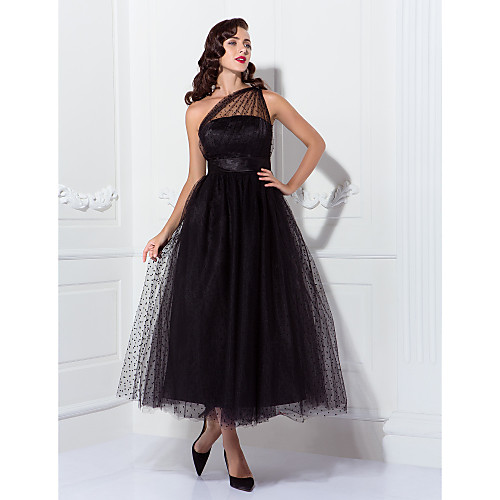 

A-Line One Shoulder Ankle Length Tulle Little Black Dress / Elegant / Vintage Inspired Cocktail Party / Formal Evening Dress 2020 with Sash / Ribbon / Pleats
