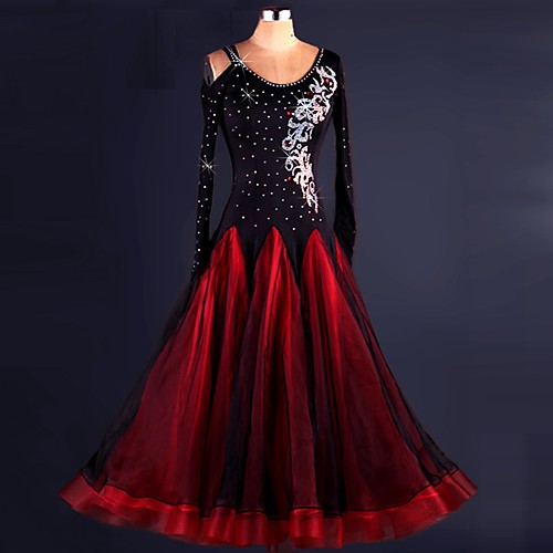 

Ballroom Dance Dress Lace Draping Crystals / Rhinestones Women's Performance Long Sleeve High Organza Spandex