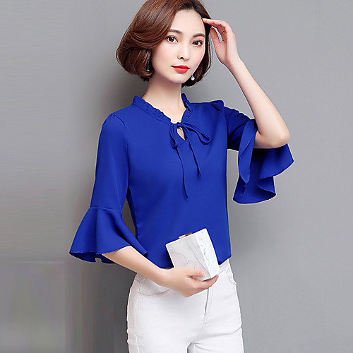 

Жен. Большие размеры - Блуза V-образный вырез Однотонный Лиловый XL / Лето / Оборки