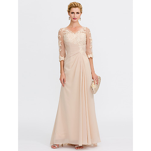 

Sheath / Column V Neck Floor Length Chiffon / Sheer Lace Half Sleeve Elegant / See Through Mother of the Bride Dress with Appliques / Side Draping Mother's Day 2020 / Illusion Sleeve