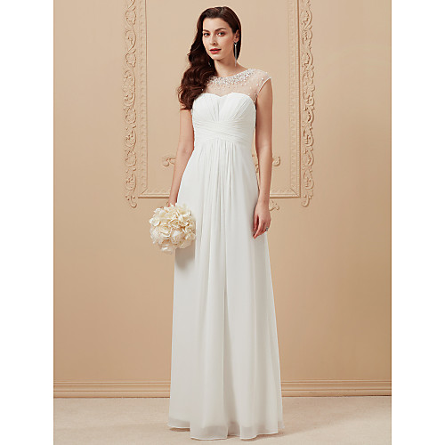 

A-Line Jewel Neck Floor Length Chiffon Cap Sleeve Simple / Casual / Boho Sparkle & Shine / See-Through Wedding Dresses with Criss Cross / Beading 2020