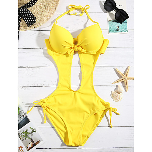 

Women's Plunging Halter Neck Yellow Fuchsia Bandeau Cheeky One-piece Swimwear - Solid Colored Bow M L XL Yellow / Sexy