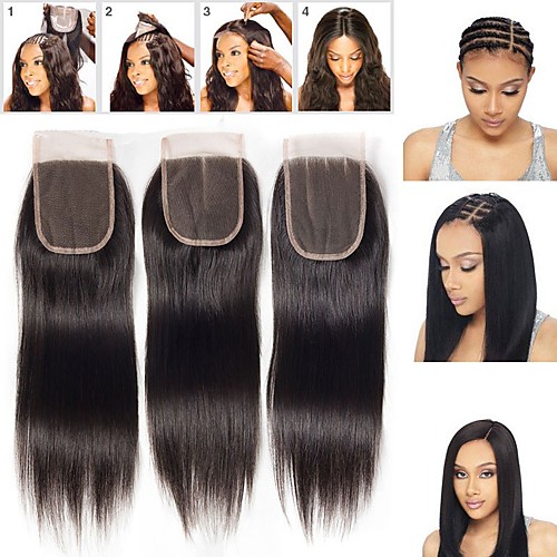 

Guanyuwigs Brazilian Hair 4x4 Closure Straight Free Part / Middle Part / 3 Part Swiss Lace Human Hair Women's with Baby Hair / Soft / Silky Dailywear / Daily / Black
