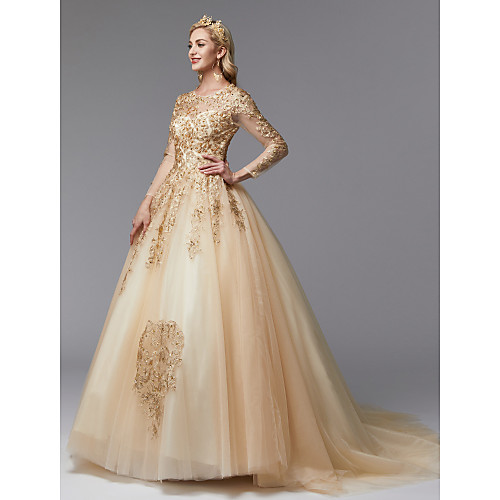 

Ball Gown Jewel Neck Sweep / Brush Train Lace / Tulle Long Sleeve Glamorous See-Through / Backless / Modern Wedding Dresses with Beading / Appliques 2020 / Illusion Sleeve