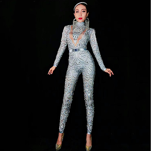 

Exotic Dancewear Rhinestone Bodysuit / Club Costume Women's Performance Spandex Pearls / Crystals / Rhinestones Long Sleeve Leotard / Onesie