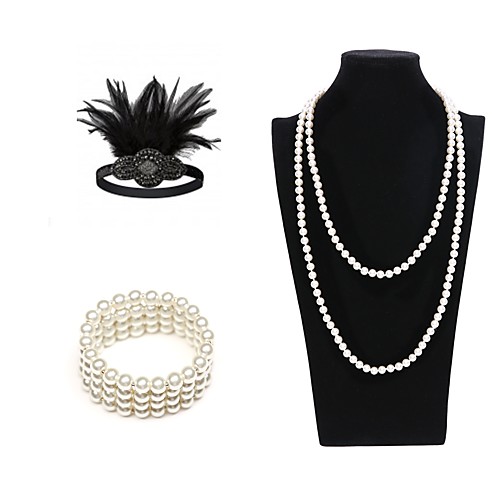 

The Great Gatsby Charleston Vintage 1920s Costume Accessory Sets Flapper Headband Women's Feather Rhinestones Costume Head Jewelry Pearl Necklace Slave Bracelet Black / GoldenBlack / Black with White