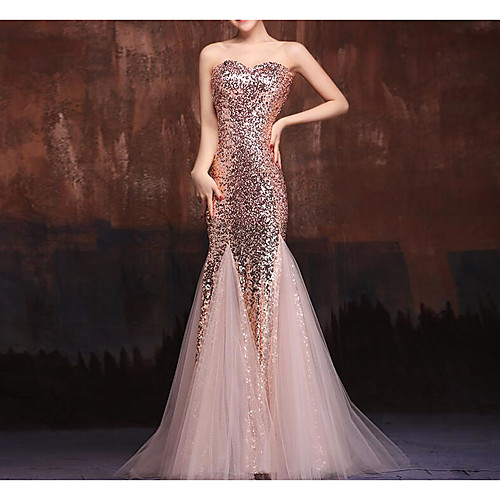

Mermaid / Trumpet Sweetheart Neckline Floor Length Tulle / Sequined Sparkle / Pink Engagement / Formal Evening Dress with Sequin 2020