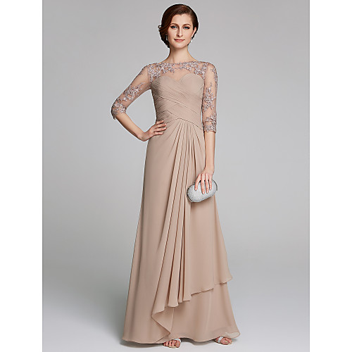 

Sheath / Column Bateau Neck Floor Length Chiffon / Lace Half Sleeve Plus Size / Elegant Mother of the Bride Dress with Side Draping 2020 / Illusion Sleeve