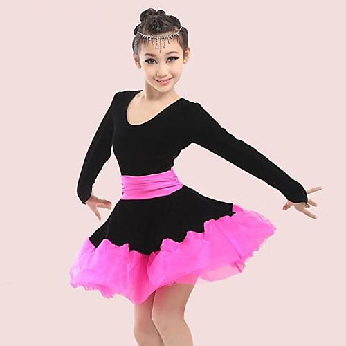 

Latin Dance / Kids' Dancewear Dresses Girls' Training / Performance Polyester / Mesh / Pleuche Sash / Ribbon / Cascading Ruffles / Split Joint Long Sleeve Dress