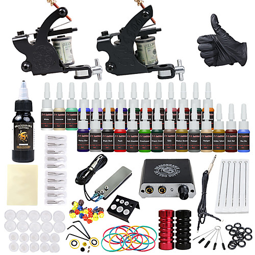 

DRAGONHAWK Tattoo Machine Starter Kit - 2 pcs Tattoo Machines with 1 x 30 ml / 28 x 5 ml tattoo inks, Professional, Safety, Easy to Install Alloy Mini power supply Case Not Included 2 alloy machine