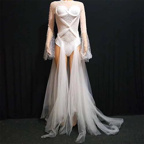 

Exotic Dancewear Rhinestone Bodysuit / Nightclub Jumpsuits / Club Costume Women's Performance Spandex / Mesh Pearls Long Sleeve Dress
