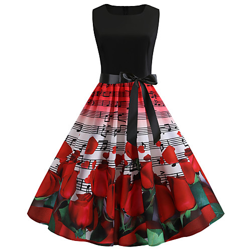 

Women's Vintage Chinoiserie Swing Trumpet / Mermaid Skater Dress - Floral Geometric Plaid Lace up Patchwork Print Red L XL XXL