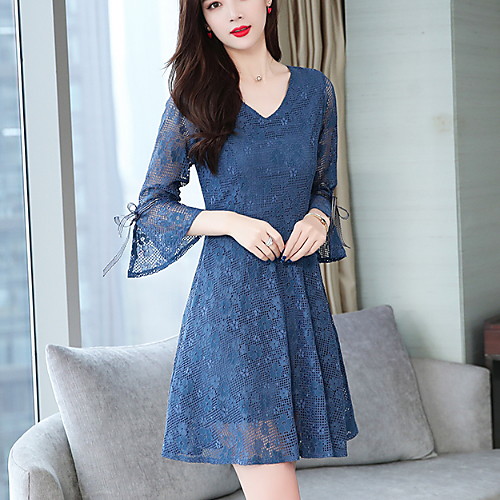 Жен. Кружева А-силуэт Платье V-образный вырез До колена 
Жен. Кружева А-силуэт Платье V-образный вырез До колена