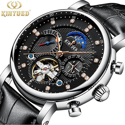 

KINYUED Men's Skeleton Watch Mechanical Watch Swiss Mechanical manual-winding Genuine Leather Black / Brown 30 m Water Resistant / Waterproof Moon Phase Tourbillon Analog Luxury Classic Casual Fashion