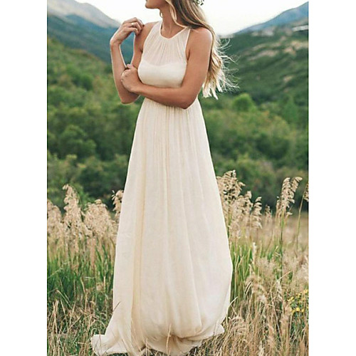 

A-Line Jewel Neck Sweep / Brush Train Chiffon Regular Straps Country / Simple / Casual Plus Size Wedding Dresses with Draping 2020