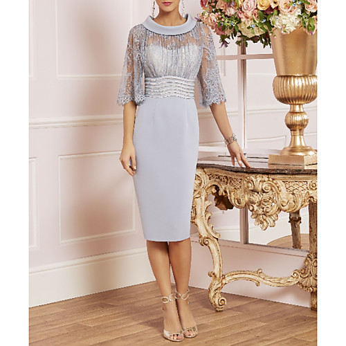 

Sheath / Column Jewel Neck Knee Length Charmeuse Half Sleeve See Through Mother of the Bride Dress with Lace / Sash / Ribbon Mother's Day 2020