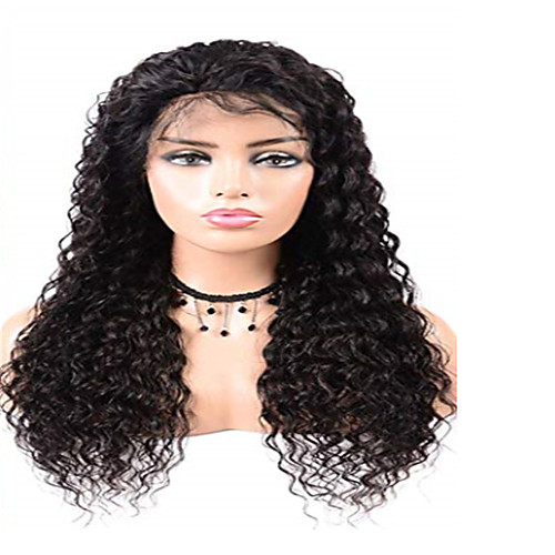 

человеческие волосы Remy Лента спереди Парик Боковая часть стиль Бразильские волосы Крупные кудри Черный Парик 130% Плотность волос Черный Жен. Средняя длина