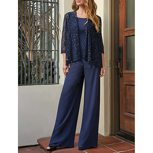 

Pantsuit / Jumpsuit Jewel Neck Floor Length Chiffon / Lace 3/4 Length Sleeve Wrap Included Mother of the Bride Dress with Ruching Mother's Day 2020