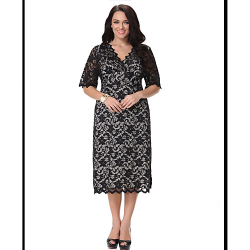 

Women's Lace Plus Size Party Daily Going out Sophisticated Bodycon Sheath Lace Dress - Jacquard Solid Colored Lace Cut Out V Neck Fall Black Beige XL XXL XXXL XXXXL