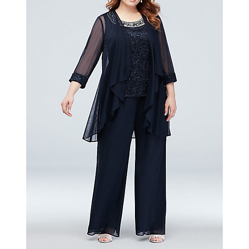

Two Piece / Pantsuit / Jumpsuit Jewel Neck Floor Length Chiffon Long Sleeve Wrap Included Mother of the Bride Dress with Appliques / Ruching Mother's Day 2020