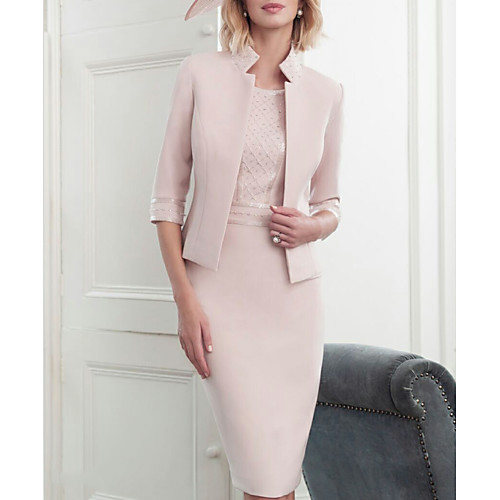 Sheath / Column High Neck Knee Length Satin Half Sleeve Wrap Included Mother of the Bride Dress with Crystals Mother's Day 2020
Sheath / Column High Neck Knee Length Satin Half Sleeve Wrap Included Mother of the Bride Dress with Crystals Mother's Day 2020
