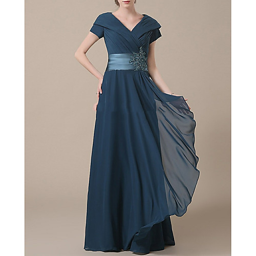 

A-Line V Neck Floor Length Chiffon Short Sleeve Elegant & Luxurious Mother of the Bride Dress with Sash / Ribbon / Ruching Mother's Day 2020