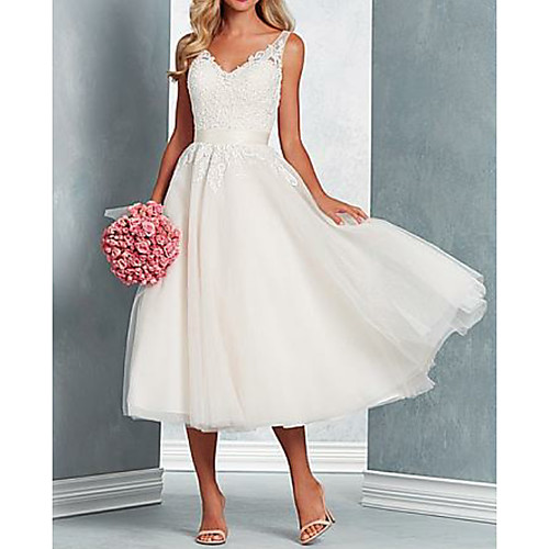 A-Line V Neck Midi Tulle Regular Straps Wedding Dresses with Bow(s) / Lace Insert 2020
A-Line V Neck Midi Tulle Regular Straps Wedding Dresses with Bow(s) / Lace Insert 2020