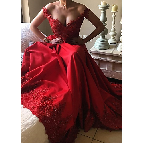 

A-Line Off Shoulder Court Train Satin Prom / Formal Evening Dress with Beading / Appliques by LAN TING Express