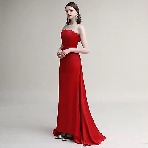 

A-Line Strapless Sweep / Brush Train Lace / Satin Vintage Inspired Prom / Formal Evening Dress with Bow(s) / Sash / Ribbon / Lace Insert by LAN TING Express