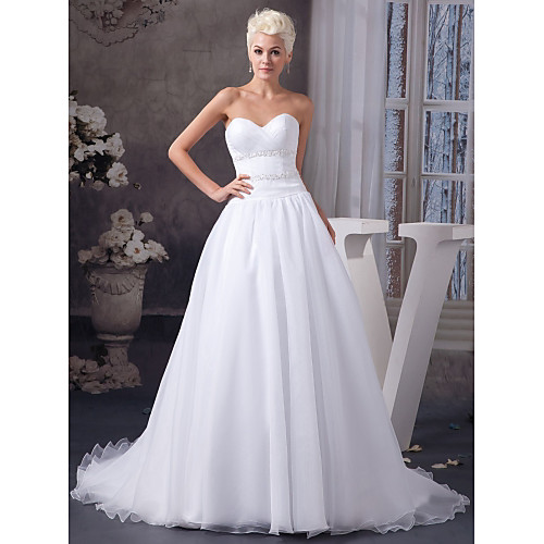 

A-Line Sweetheart Neckline Court Train Organza / Satin Strapless Made-To-Measure Wedding Dresses with Beading / Draping / Ruched 2020